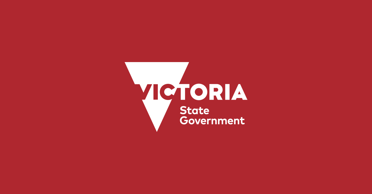 White logo on burgundy background reading "Victoria State Government