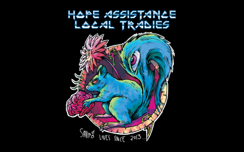 A colourful drawing of a blue squirrel holding a pink brain. The text on the top of the iamge reads hope assistance local tradies. The text at the bottom of the image says saving lives since 2013.
