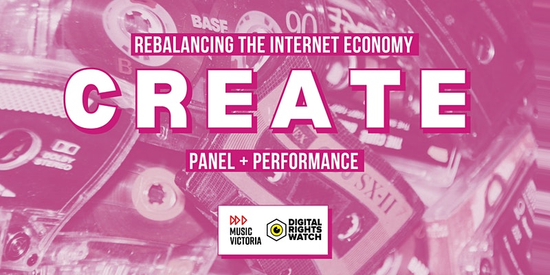 Pink Graphic with event title 'Create' Superimposed in white lettering featuring casset tapes in the background.